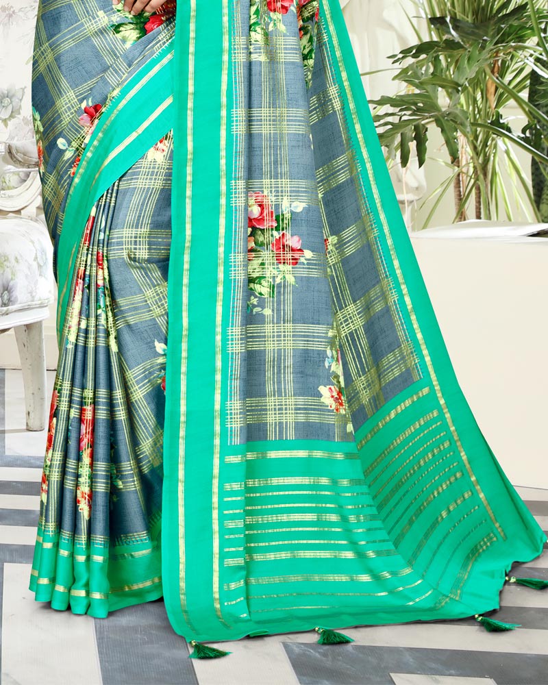 Vishal Prints Pastel Blue Satin Saree With Foil Print And Tassel