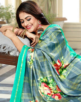 Vishal Prints Pastel Blue Satin Saree With Foil Print And Tassel