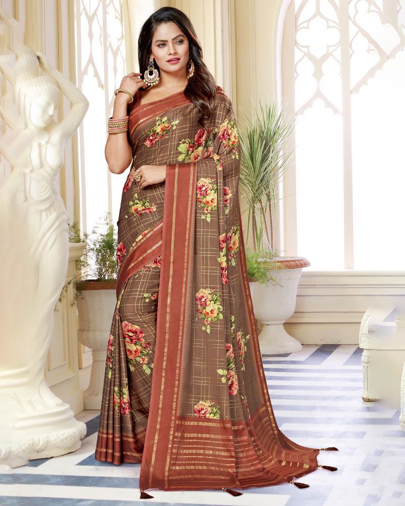 Vishal Prints Brown Satin Saree With Foil Print And Tassel