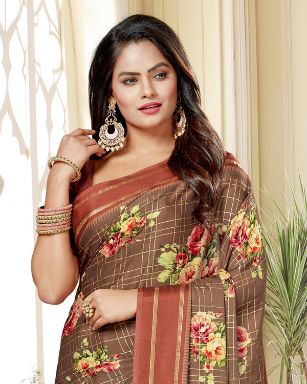 Vishal Prints Brown Satin Saree With Foil Print And Tassel