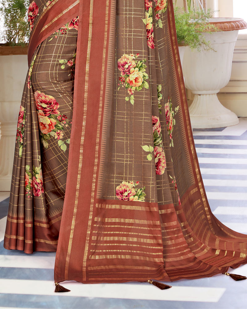 Vishal Prints Brown Satin Saree With Foil Print And Tassel