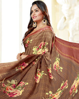 Vishal Prints Brown Satin Saree With Foil Print And Tassel