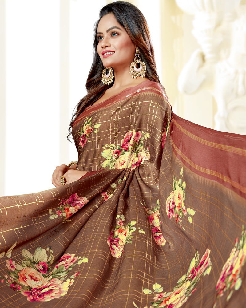 Vishal Prints Brown Satin Saree With Foil Print And Tassel