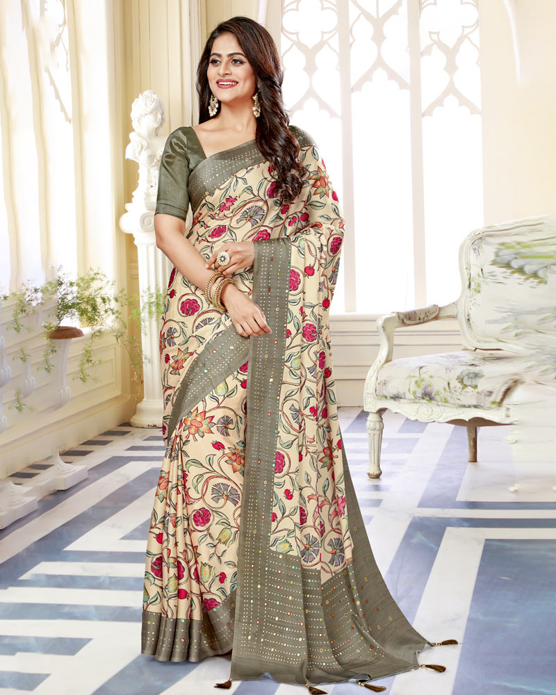 Vishal Prints Cream Satin Saree With Foil Print And Tassel