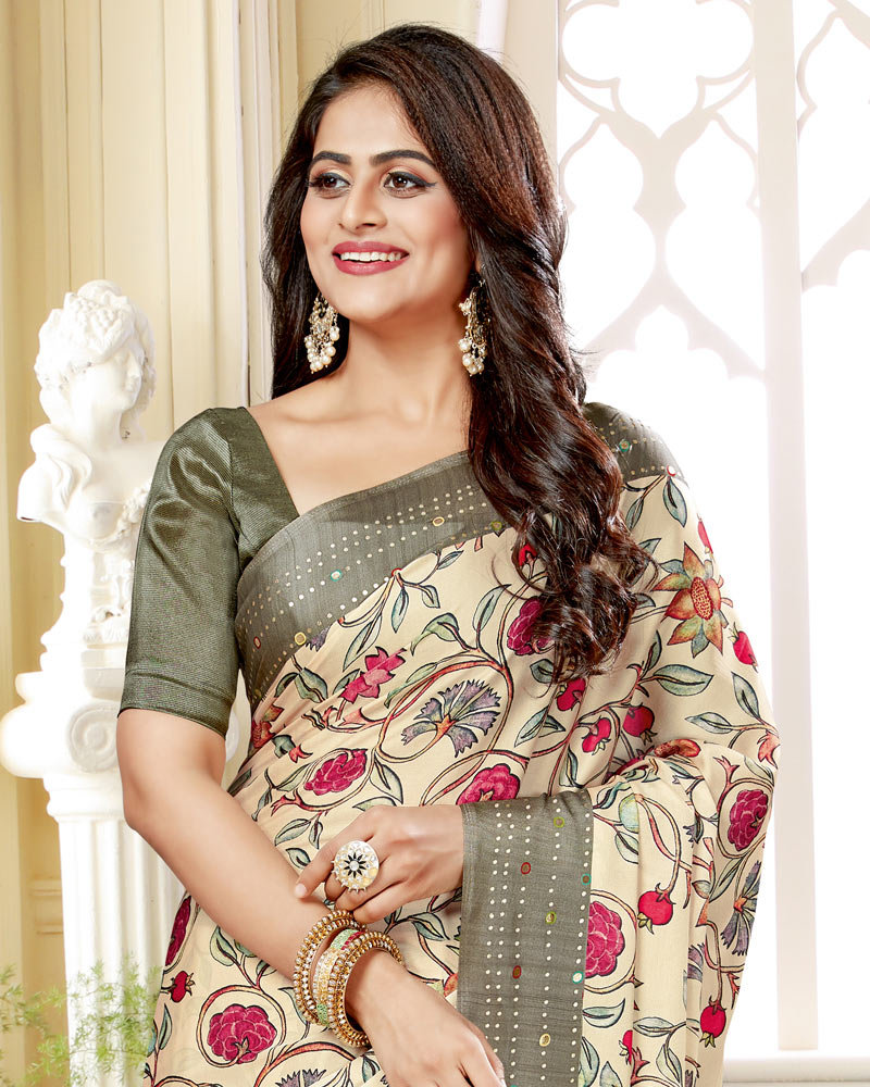 Vishal Prints Cream Satin Saree With Foil Print And Tassel