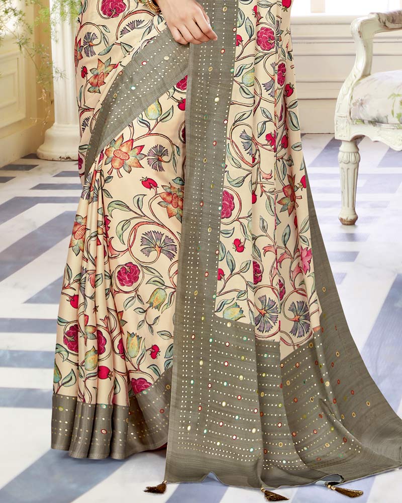 Vishal Prints Cream Satin Saree With Foil Print And Tassel