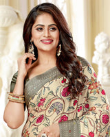 Vishal Prints Cream Satin Saree With Foil Print And Tassel