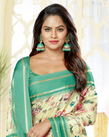 Vishal Prints Beige Satin Saree With Foil Print And Tassel