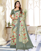 Vishal Prints Olive Grey Satin Saree With Foil Print And Tassel