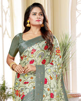 Vishal Prints Olive Grey Satin Saree With Foil Print And Tassel