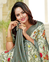 Vishal Prints Olive Grey Satin Saree With Foil Print And Tassel