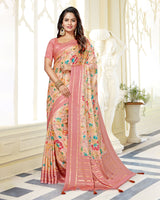Vishal Prints Rose Pink Satin Saree With Foil Print And Tassel