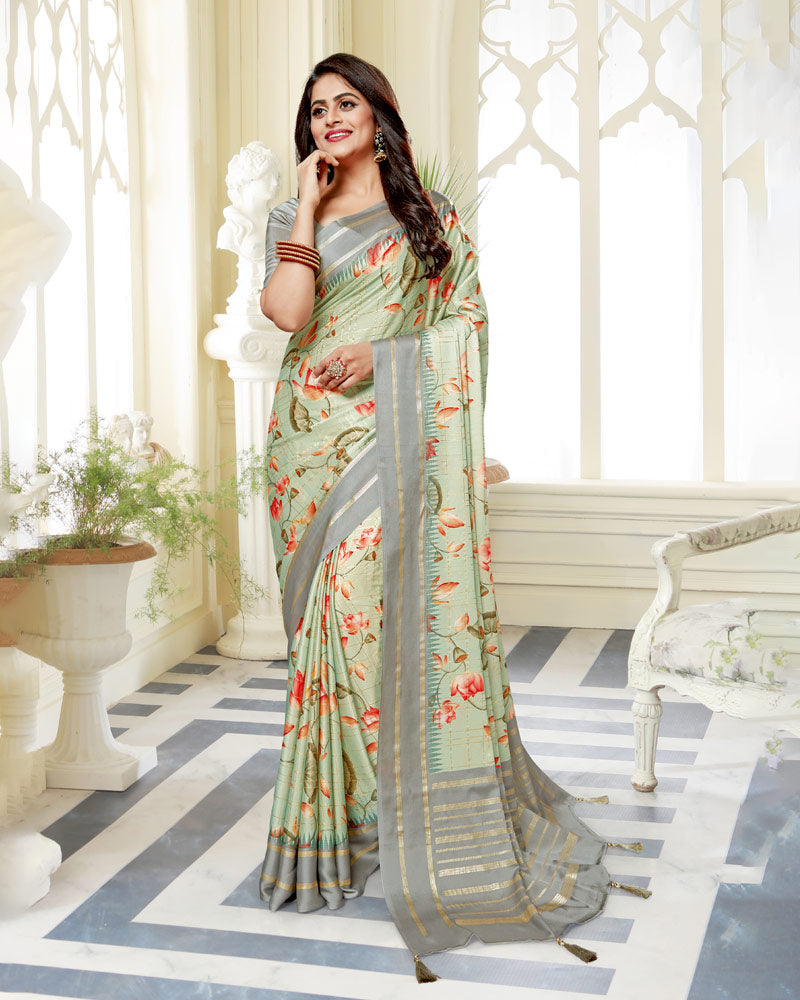 Vishal Prints Green Mist Satin Saree With Foil Print And Tassel