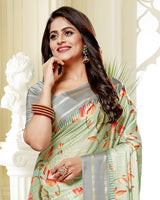 Vishal Prints Green Mist Satin Saree With Foil Print And Tassel