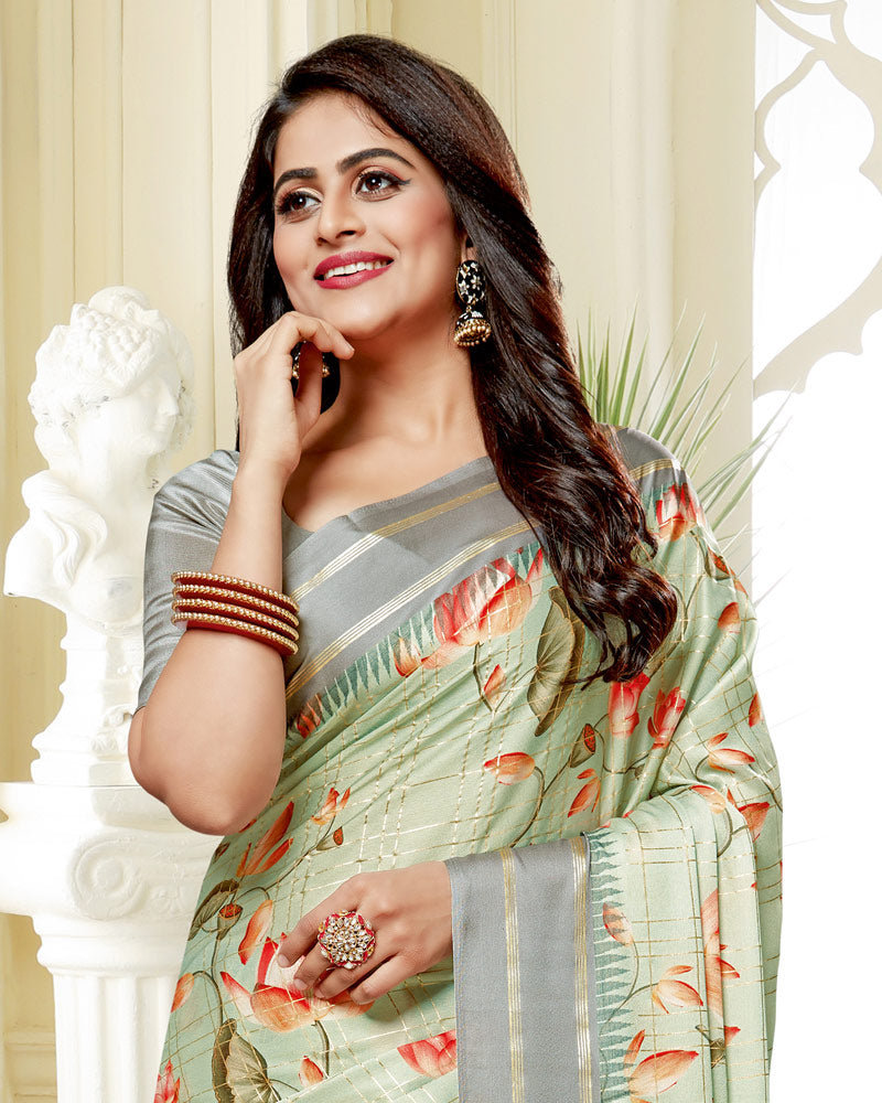Vishal Prints Green Mist Satin Saree With Foil Print And Tassel