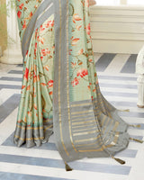 Vishal Prints Green Mist Satin Saree With Foil Print And Tassel