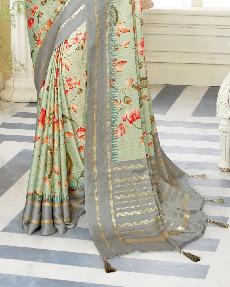 Vishal Prints Green Mist Satin Saree With Foil Print And Tassel