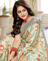 Vishal Prints Green Mist Satin Saree With Foil Print And Tassel