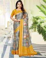 Vishal Prints Grey Satin Saree With Foil Print And Tassel