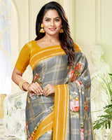 Vishal Prints Grey Satin Saree With Foil Print And Tassel