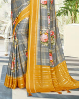 Vishal Prints Grey Satin Saree With Foil Print And Tassel