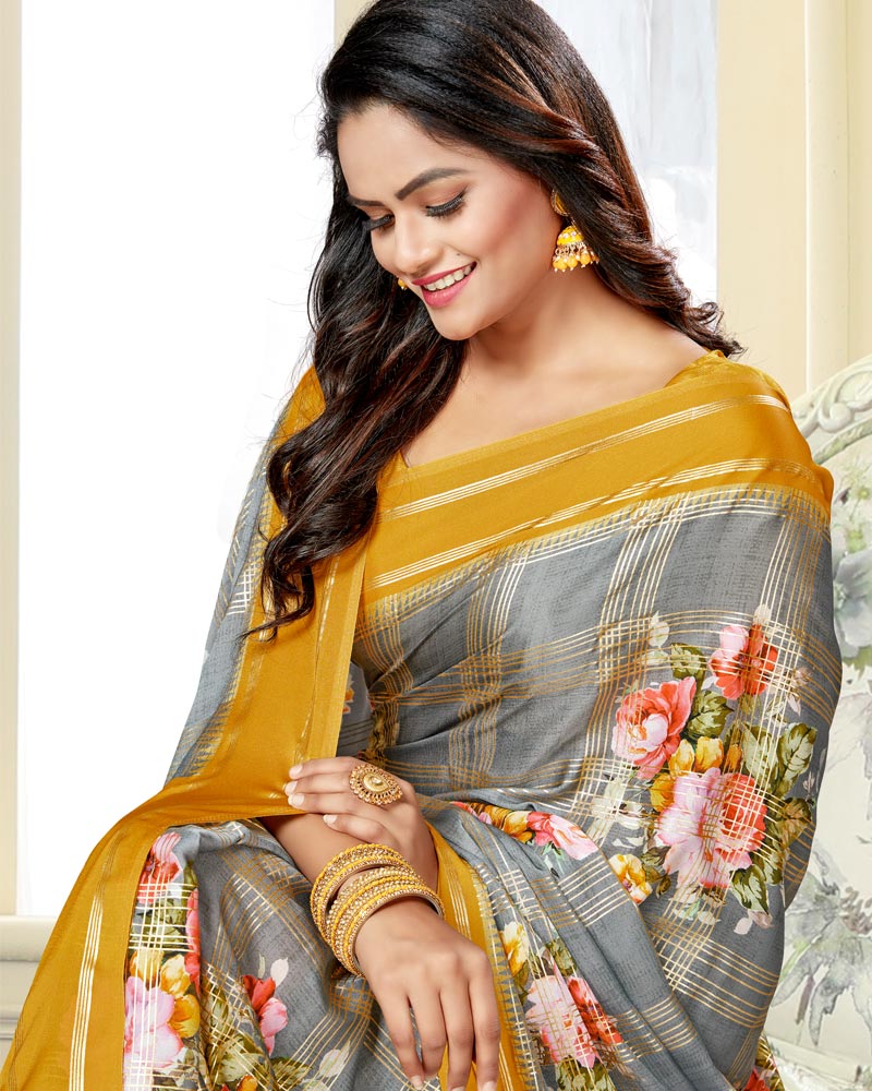 Vishal Prints Grey Satin Saree With Foil Print And Tassel