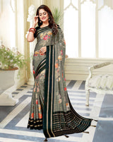Vishal Prints Grey Satin Saree With Foil Print And Tassel