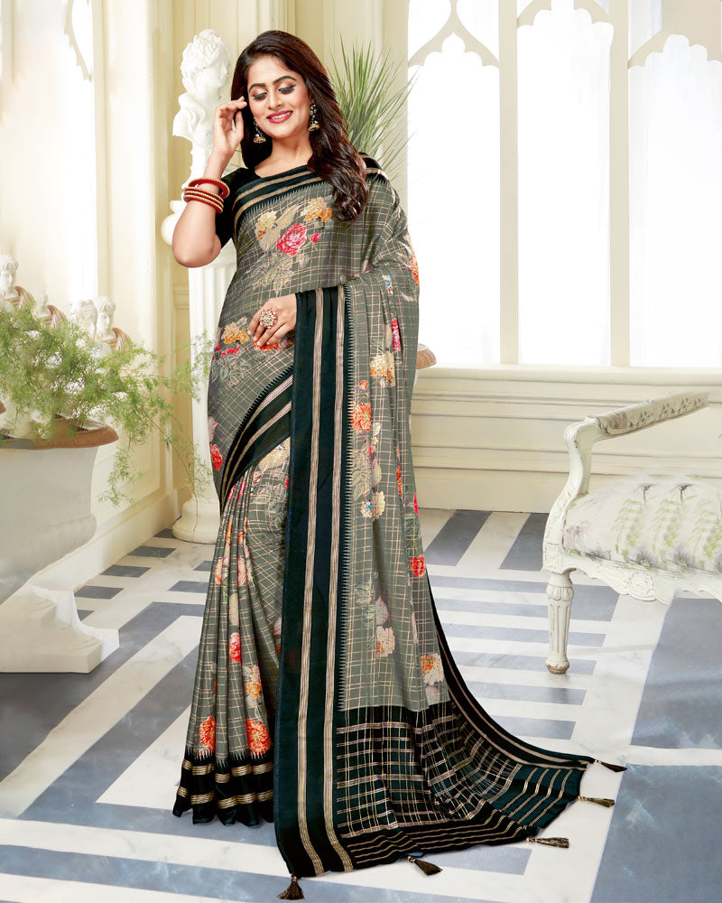 Vishal Prints Grey Satin Saree With Foil Print And Tassel