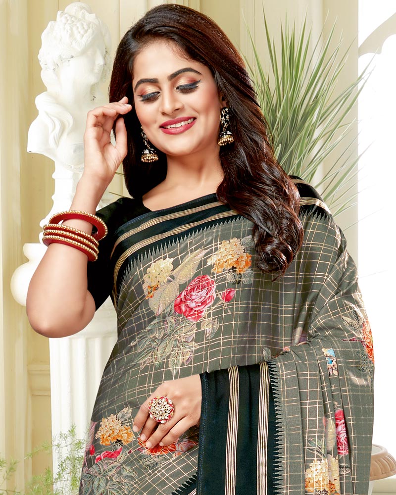 Vishal Prints Grey Satin Saree With Foil Print And Tassel