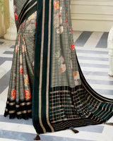 Vishal Prints Grey Satin Saree With Foil Print And Tassel