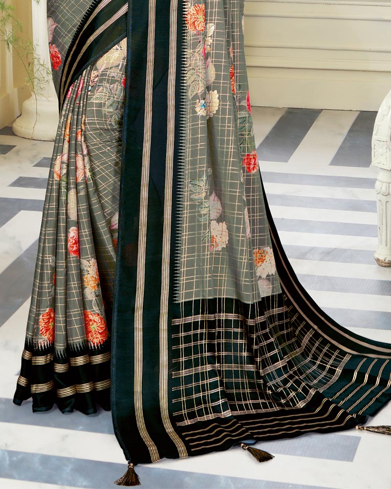 Vishal Prints Grey Satin Saree With Foil Print And Tassel