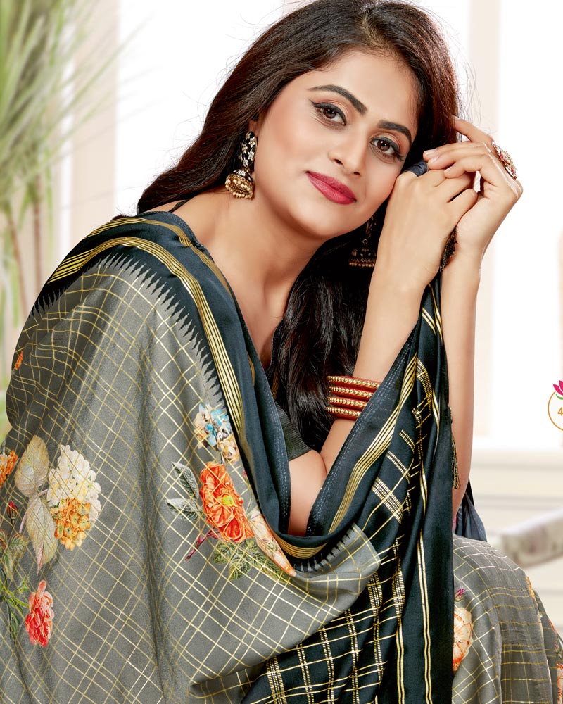 Vishal Prints Grey Satin Saree With Foil Print And Tassel
