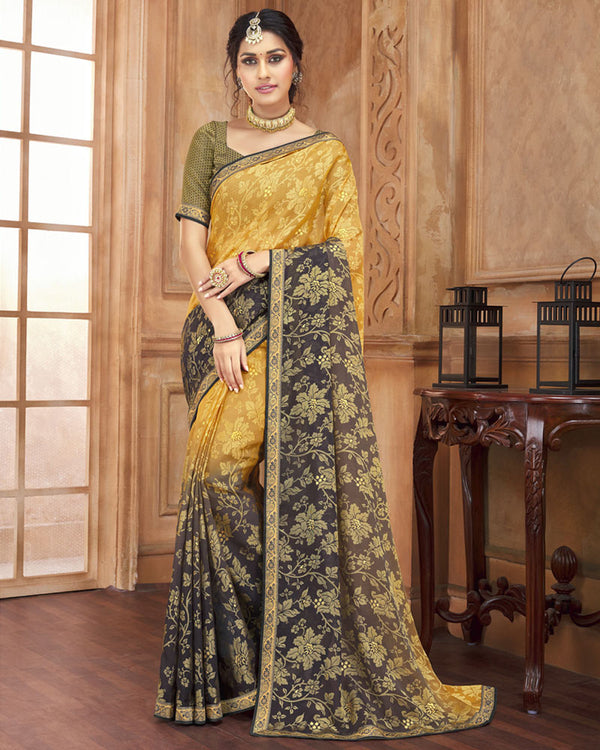 Vishal Prints Yellow And Black Brasso Saree With Zari Border