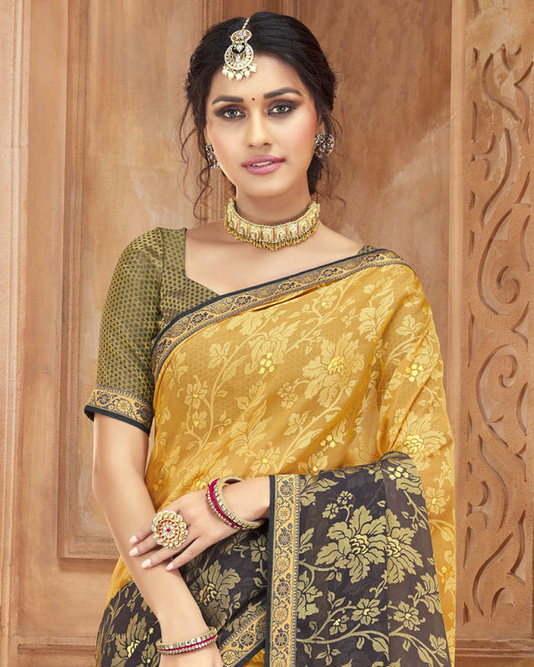 Vishal Prints Yellow And Black Brasso Saree With Zari Border