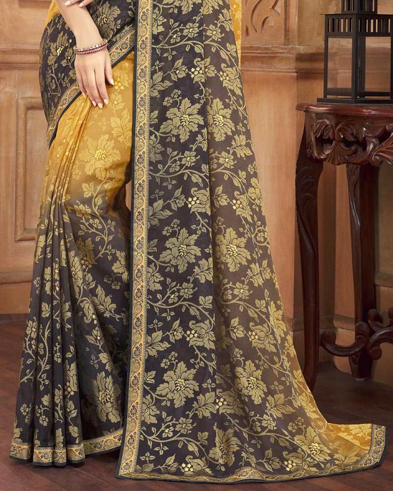 Vishal Prints Yellow And Black Brasso Saree With Zari Border