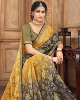 Vishal Prints Yellow And Black Brasso Saree With Zari Border
