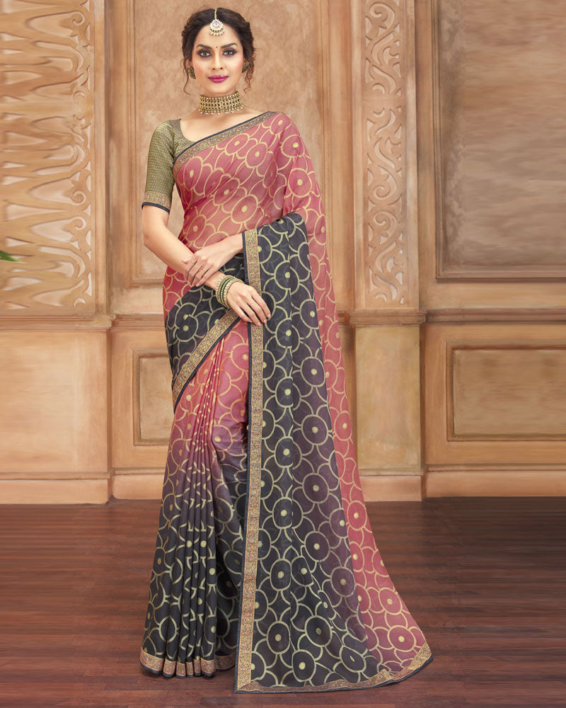 Vishal Prints Dark Salmon And Grey Brasso Saree With Zari Border