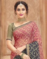 Vishal Prints Dark Salmon And Grey Brasso Saree With Zari Border