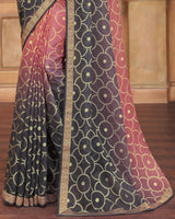 Vishal Prints Dark Salmon And Grey Brasso Saree With Zari Border