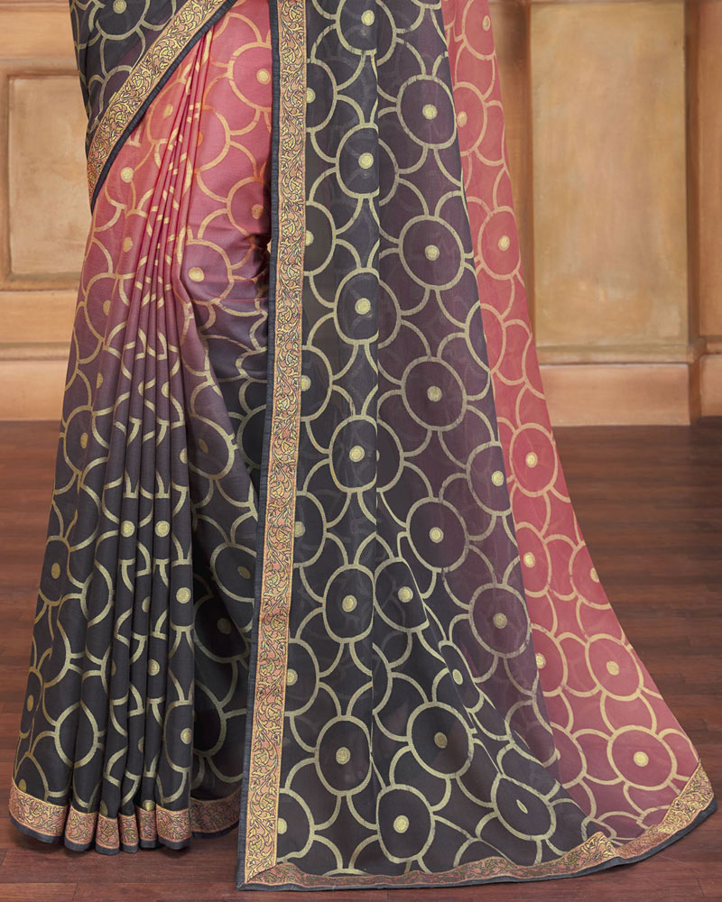 Vishal Prints Dark Salmon And Grey Brasso Saree With Zari Border