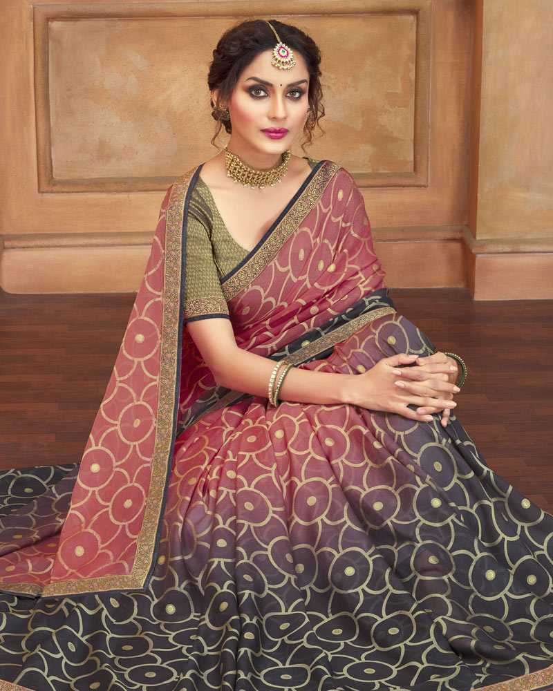 Vishal Prints Dark Salmon And Grey Brasso Saree With Zari Border
