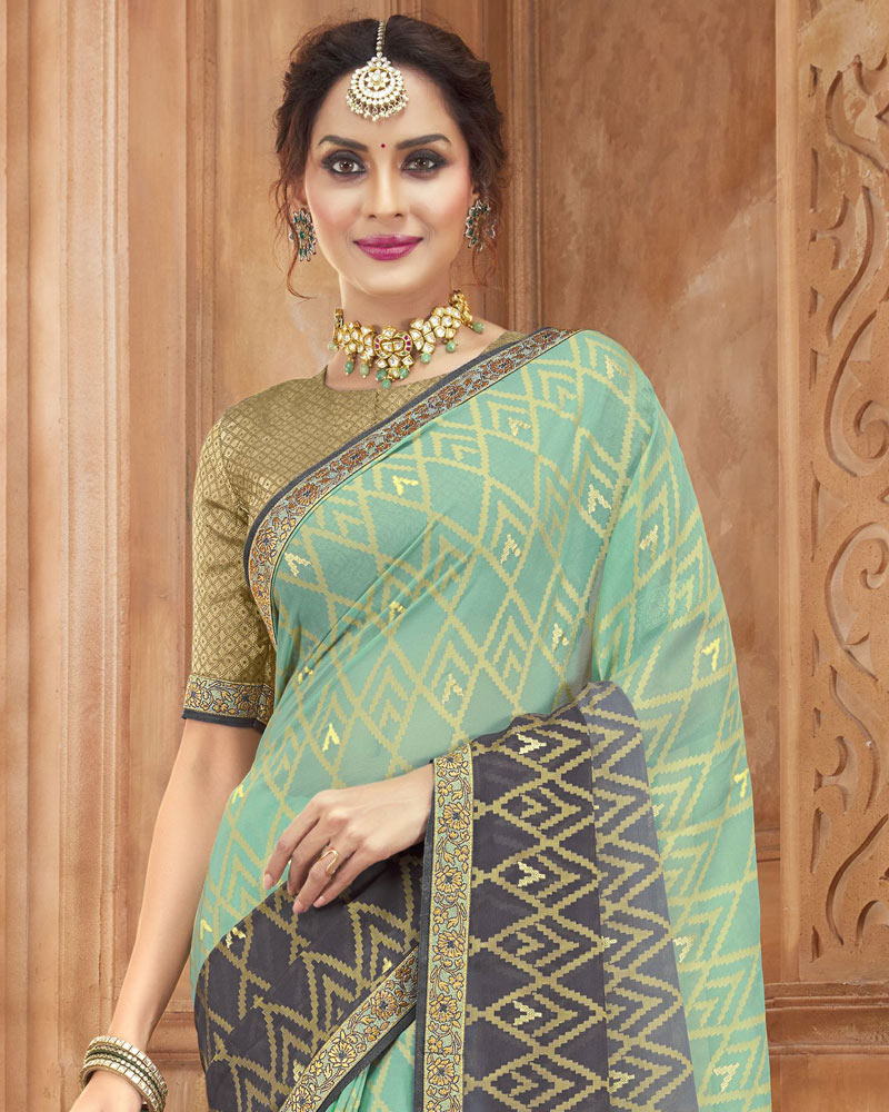 Vishal Prints Dark Sea Green Brasso Saree With Zari Border