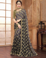 Vishal Prints Lavender And Dark Grey Brasso Saree With Zari Border