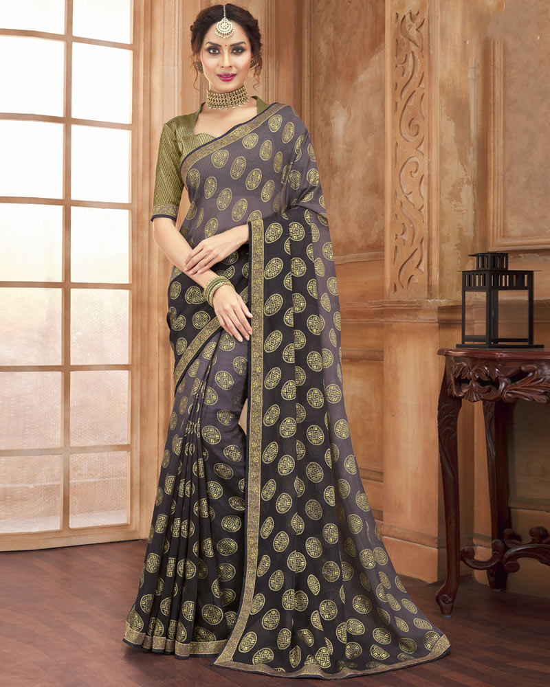 Vishal Prints Lavender And Dark Grey Brasso Saree With Zari Border