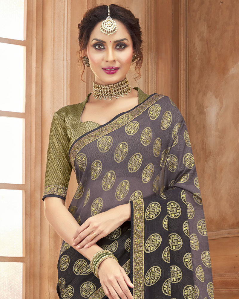 Vishal Prints Lavender And Dark Grey Brasso Saree With Zari Border