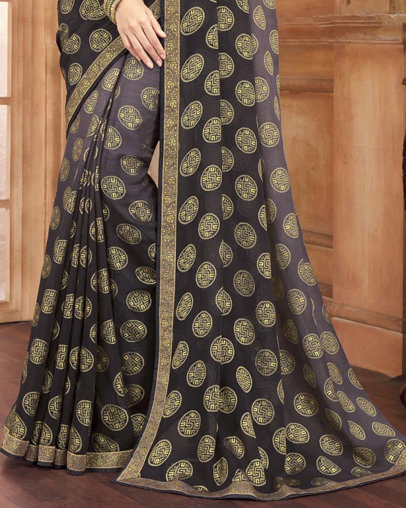 Vishal Prints Lavender And Dark Grey Brasso Saree With Zari Border