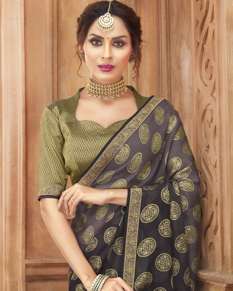 Vishal Prints Lavender And Dark Grey Brasso Saree With Zari Border