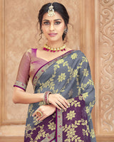 Vishal Prints Grey And Purple Brasso Saree With Zari Border