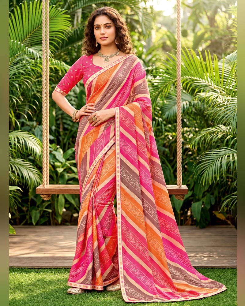 Vishal Prints Dark Pink And Dusty Orange Printed Georgette Traditional Print Saree With Fancy Border