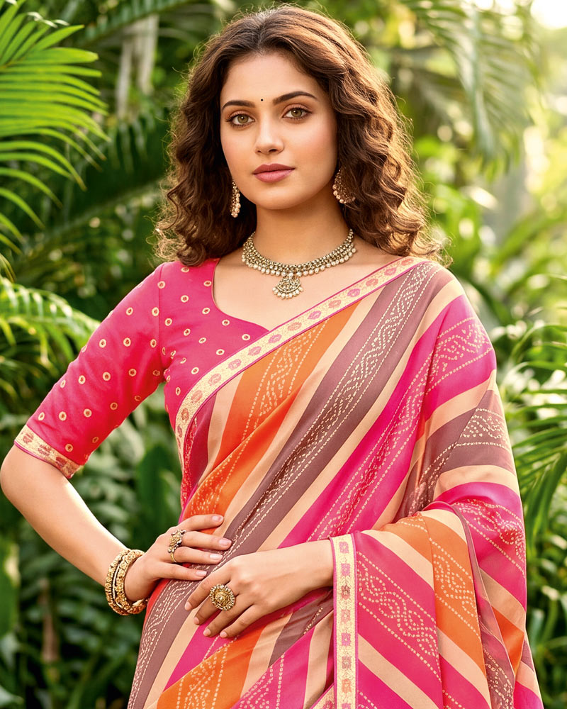 Vishal Prints Dark Pink And Dusty Orange Printed Georgette Traditional Print Saree With Fancy Border